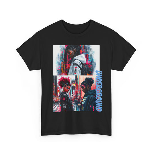 Black Graphic T-Shirt with the Image of a Vibrant neon-colored artwork of African American girls in streetwear, set against a bold urban city backdrop. A striking fusion of street culture and electric hues.