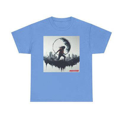 Blue Graphic T-shirt of an image of a Minimalistic ink drawing of a woman in a red hoodie wading through water, silhouetted within the moon, with a cityscape in the background. A striking blend of urban and surreal art.