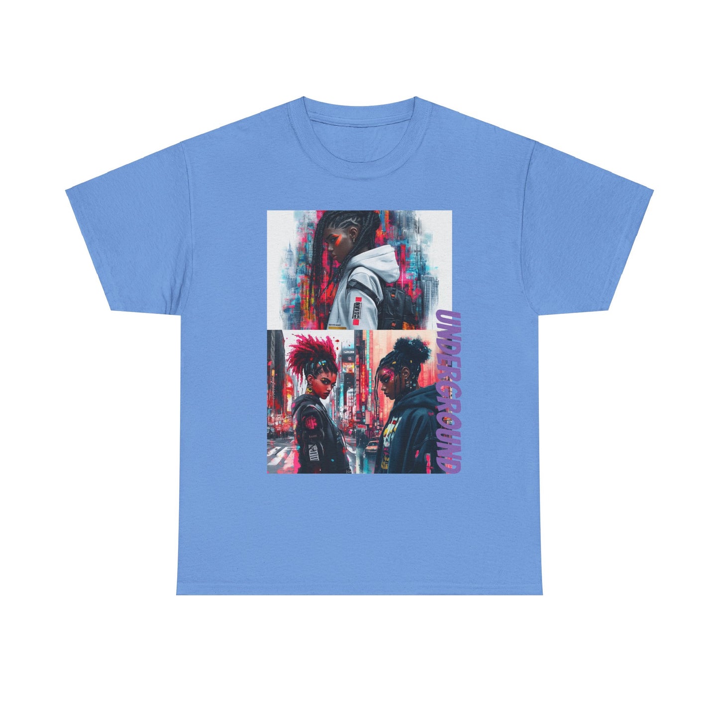 blue Graphic T-Shirt with the Image of a Vibrant neon-colored artwork of African American girls in streetwear, set against a bold urban city backdrop. A striking fusion of street culture and electric hues.