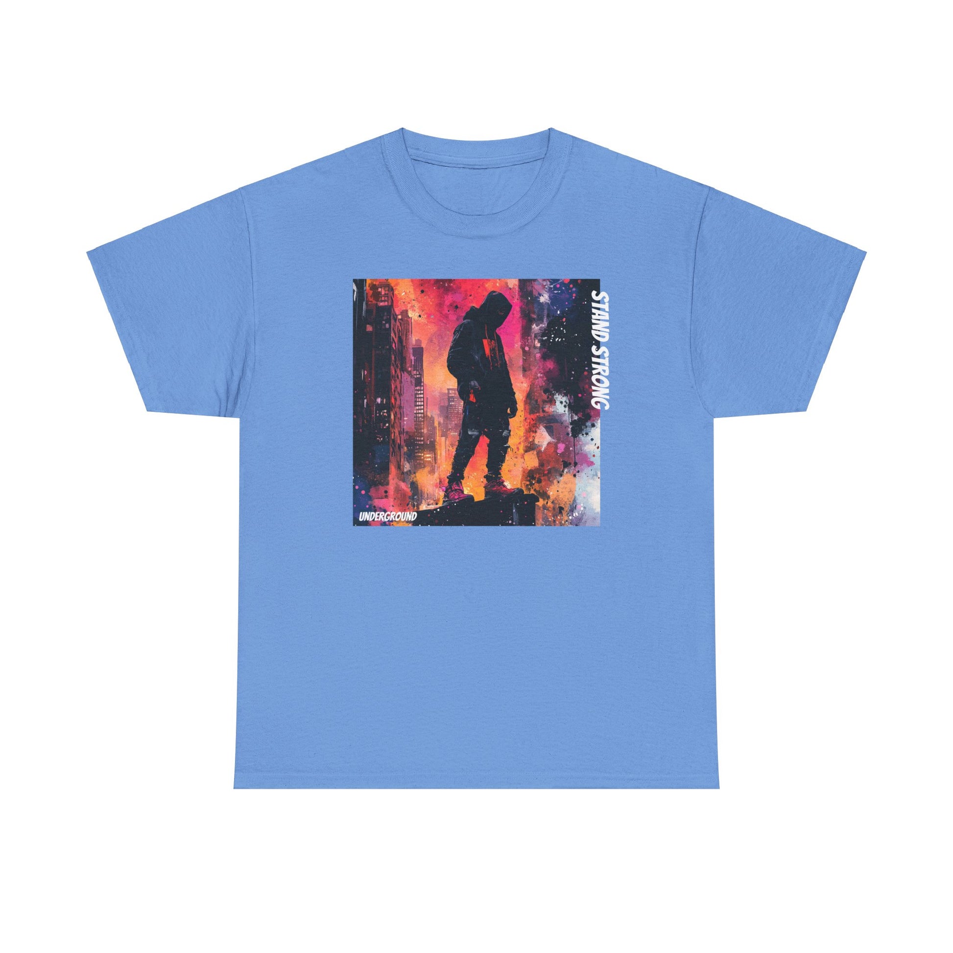 blue Graphic T-shirt with an image of a Hooded man standing strong on a building ledge with a vibrant city skyline in the background. Bold, street-culture-inspired artwork with striking colors.