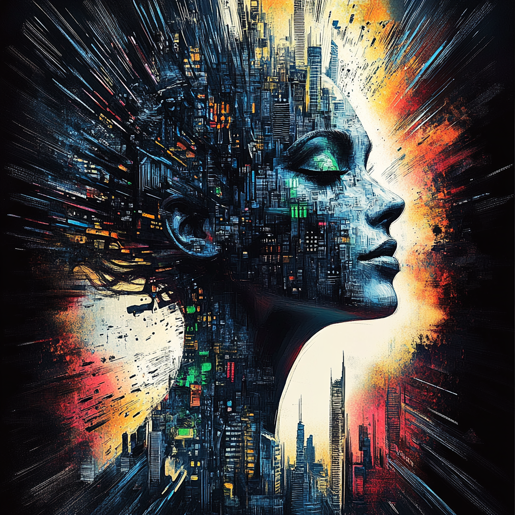 Cyber style bust of a woman with city buildings for hair, blending cyber life, urban cityscape, and futuristic themes.