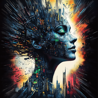 Cyber style bust of a woman with city buildings for hair, blending cyber life, urban cityscape, and futuristic themes.