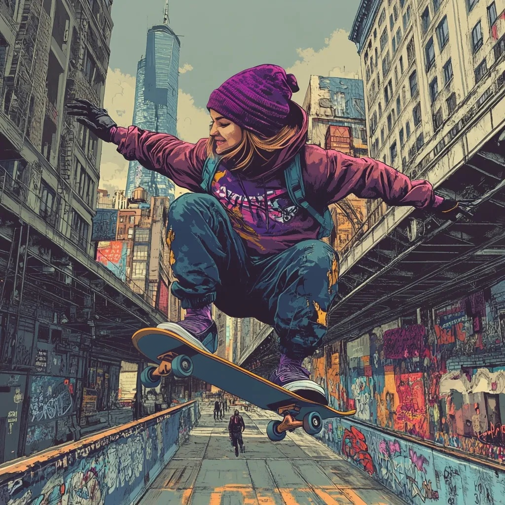 Gritty, colorful street-inspired artwork of a girl riding a skateboard, wearing a purple snow hat and a streetwear hoodie. Bold urban expression with the slogan "Girls Ride Better."