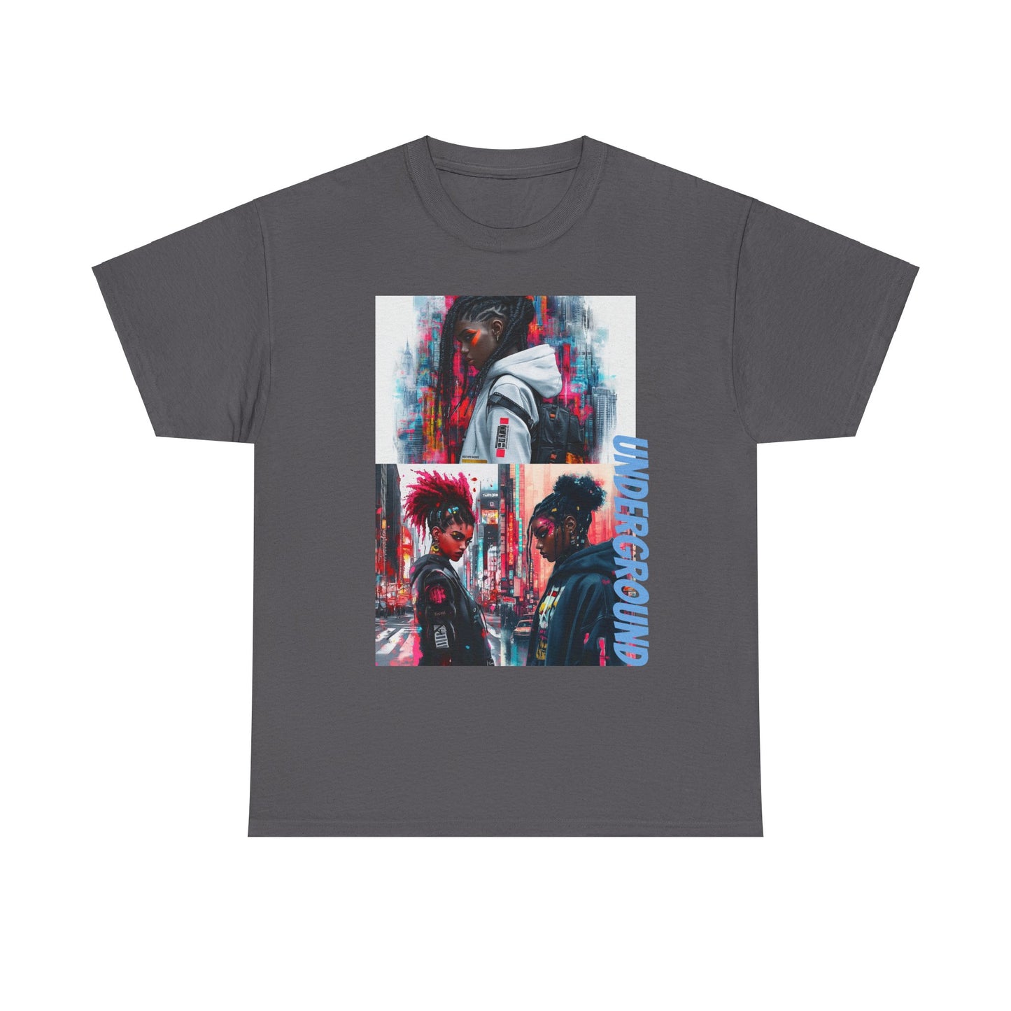 Grey Graphic T-Shirt with the Image of a Vibrant neon-colored artwork of African American girls in streetwear, set against a bold urban city backdrop. A striking fusion of street culture and electric hues.