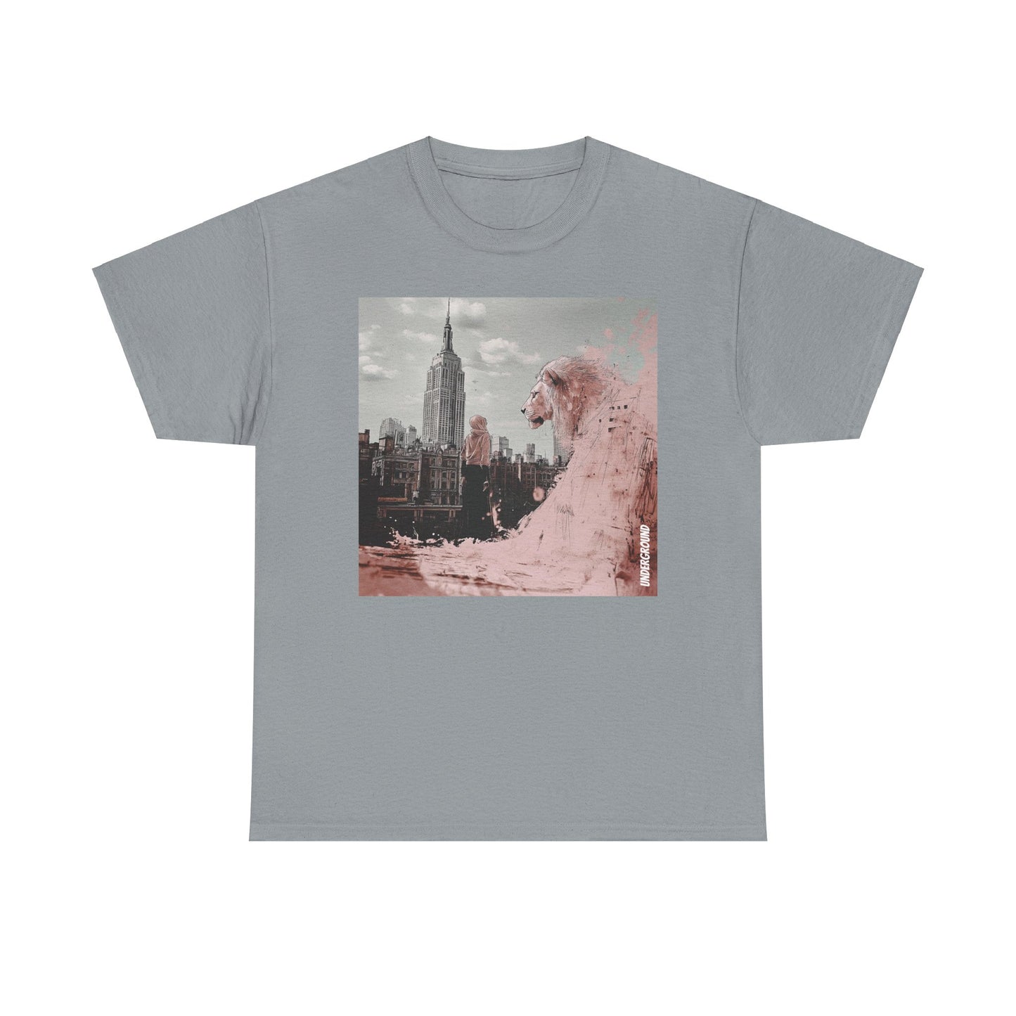 Grey Graphic T-shirt of a Striking ink and pastel illustration of a woman standing before a city backdrop, gazing at a massive pink lion overlooking the skyline. A fusion of urban energy and surreal artistry.