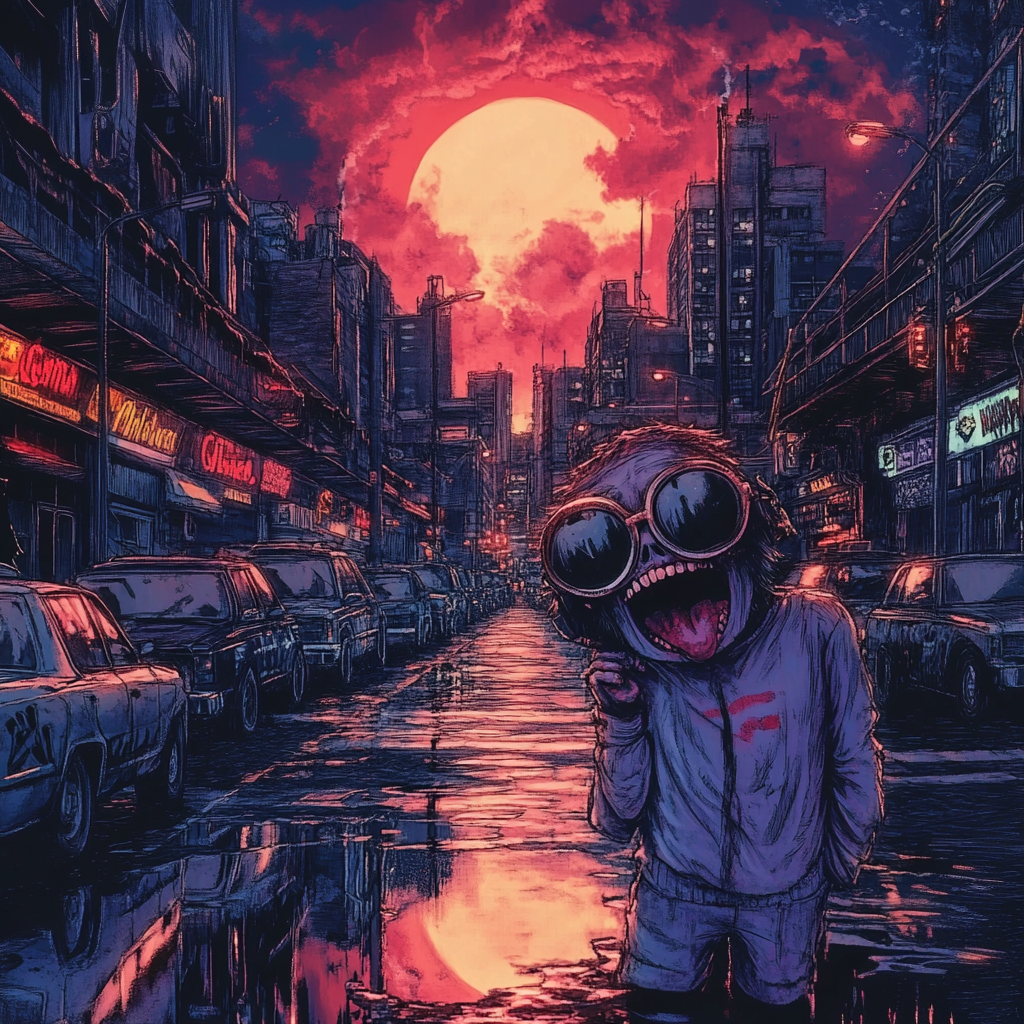 Gritty comic book-style artwork of a strange man in aviator glasses with a wide-open mouth, set against a busy, dirty city street at dusk.