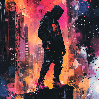 Hooded man standing strong on a building ledge with a vibrant city skyline in the background. Bold, street-culture-inspired artwork with striking colors.