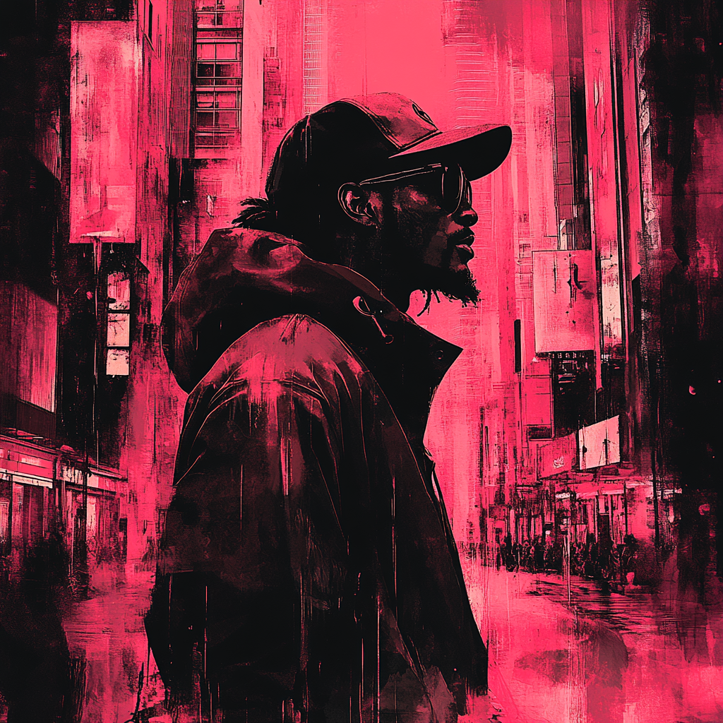 Ink and watercolor image of a man's silhouette standing in a cityscape, featuring red, black, and white tones.