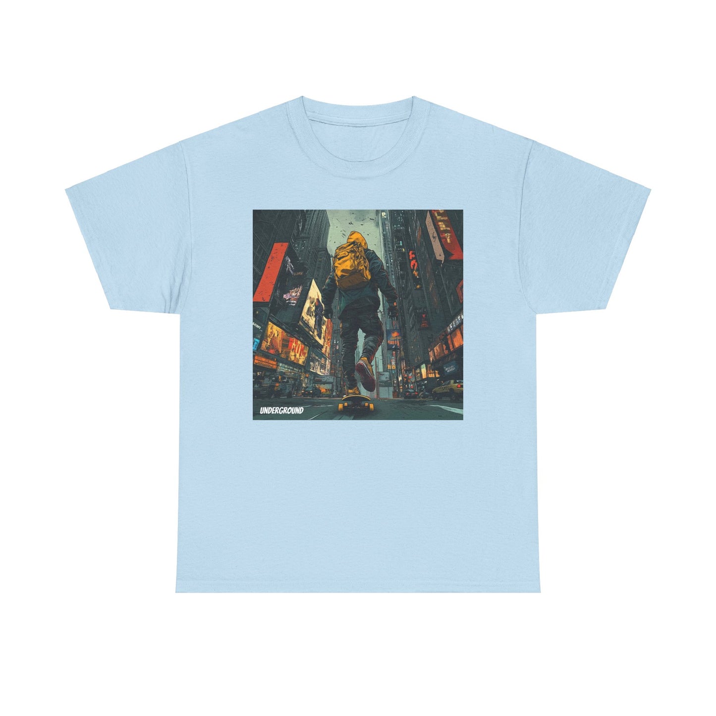 Light blue Graphic T-shirt with the image of an urban streetwear skateboarder cruising down a city street, Skyscrapers and Ad Signs, wearing a hoodie and backpack. Bold comic book art style.