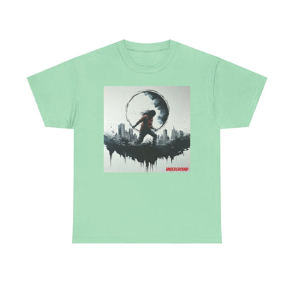 Mint Green Graphic T-shirt of an image of a Minimalistic ink drawing of a woman in a red hoodie wading through water, silhouetted within the moon, with a cityscape in the background. A striking blend of urban and surreal art.