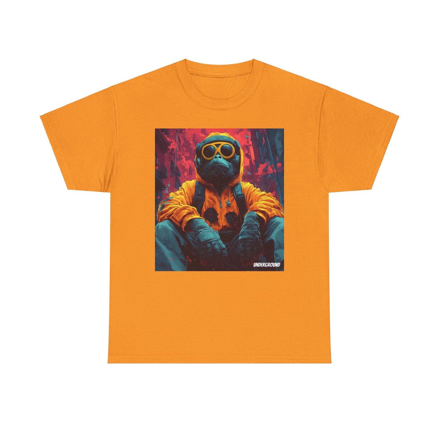 Orange Graphic T-shirt with an Image of a Bold comic-style illustration of a gorilla in streetwear, rocking headphones, sunglasses, and a hoodie. Vibrant urban art with a street culture edge.