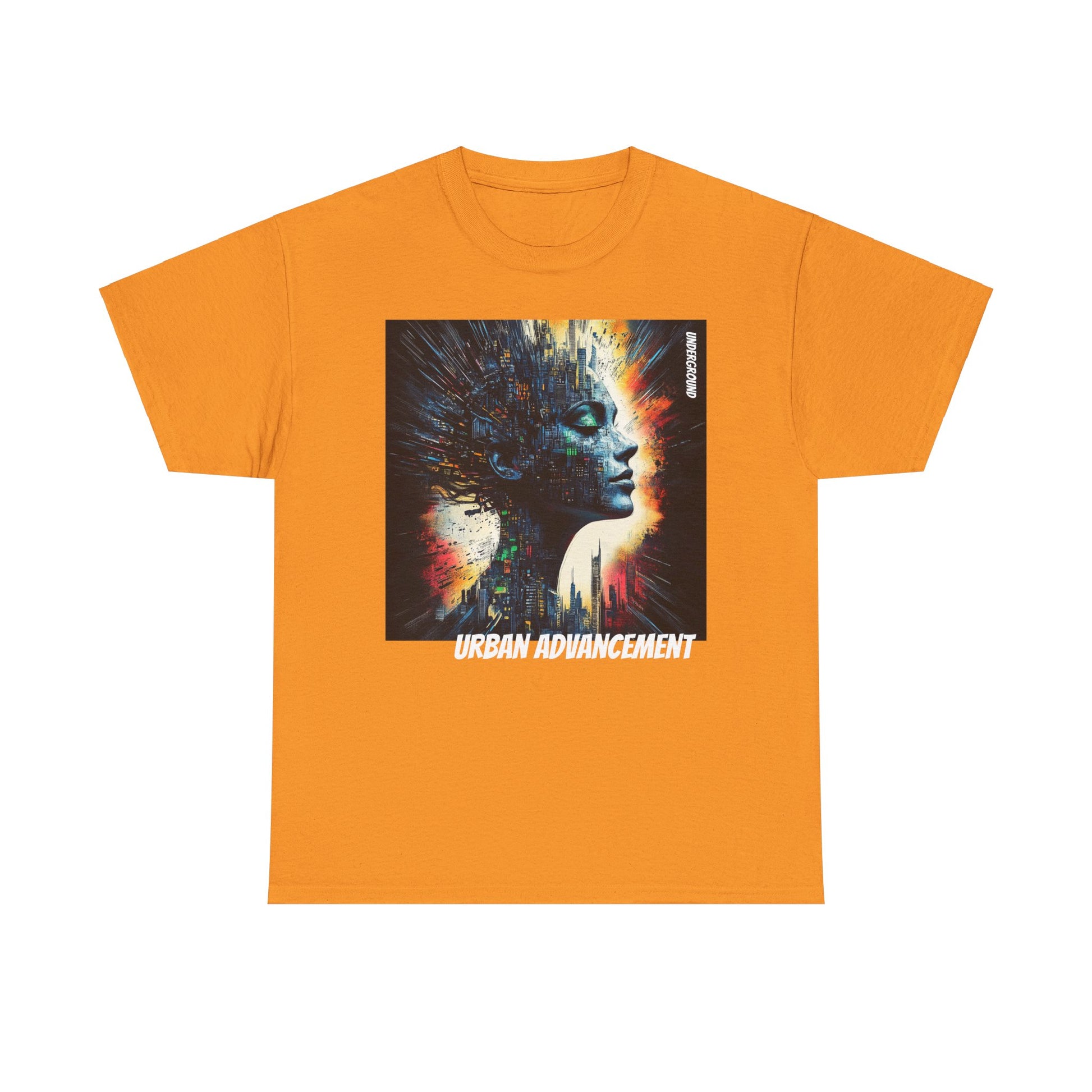 orange T-shirt with the image of a Cyber style bust of a woman with city buildings for hair, blending cyber life, urban cityscape, and futuristic themes.