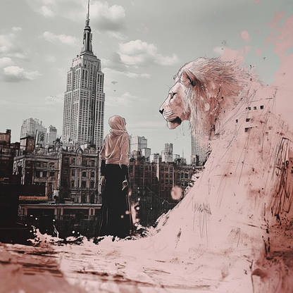 Striking ink and pastel illustration of a woman standing before a city backdrop, gazing at a massive pink lion overlooking the skyline. A fusion of urban energy and surreal artistry.