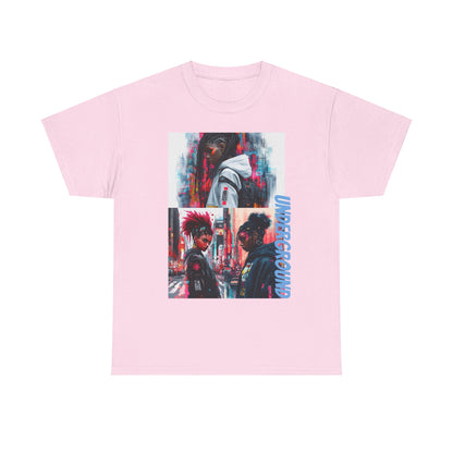 Pink Graphic T-Shirt with the Image of a Vibrant neon-colored artwork of African American girls in streetwear, set against a bold urban city backdrop. A striking fusion of street culture and electric hues.