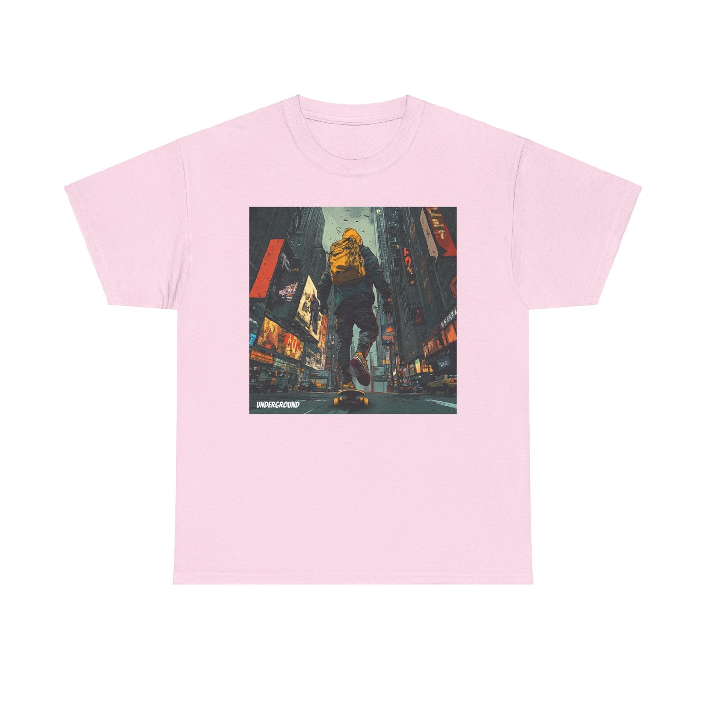 Pink Graphic T-shirt with the image of an urban streetwear skateboarder cruising down a city street, Skyscrapers and Ad Signs, wearing a hoodie and backpack. Bold comic book art style.