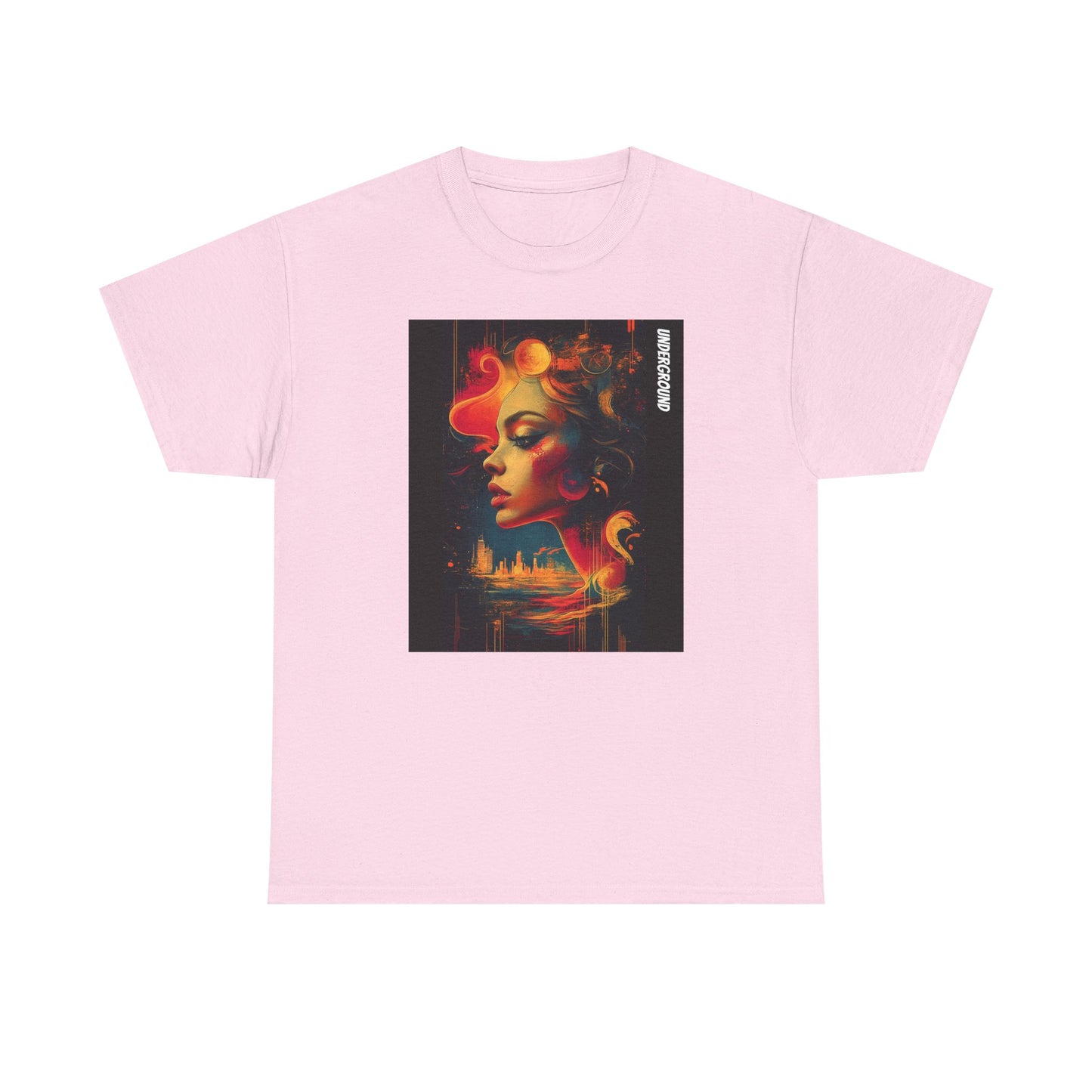 pink Graphic T-shirt with the image of a Vibrant and colorful artwork of a woman gazing over an artistic cityscape. A bold and expressive urban-inspired ink and watercolor piece.