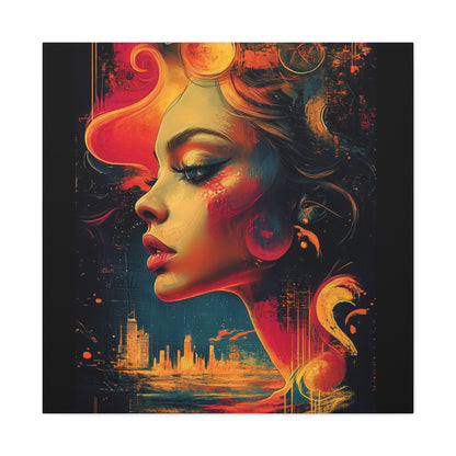 Vibrant and colorful artwork of a woman gazing over an artistic cityscape. A bold and expressive urban-inspired ink and watercolor piece. print 1