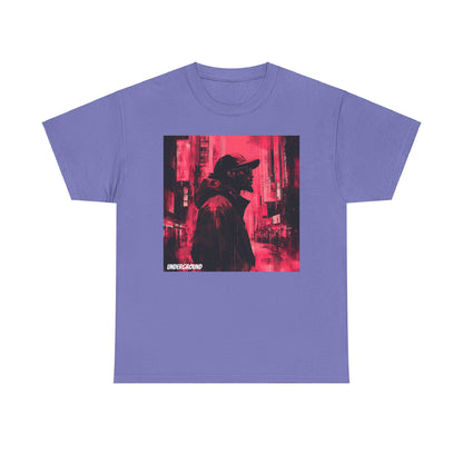 purple Graphic T-shirt with an Ink and watercolor image of a man's silhouette standing in a cityscape, featuring red, black, and white tones.