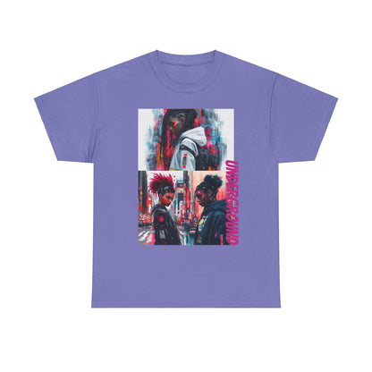 purple Graphic T-Shirt with the Image of a Vibrant neon-colored artwork of African American girls in streetwear, set against a bold urban city backdrop. A striking fusion of street culture and electric hues.