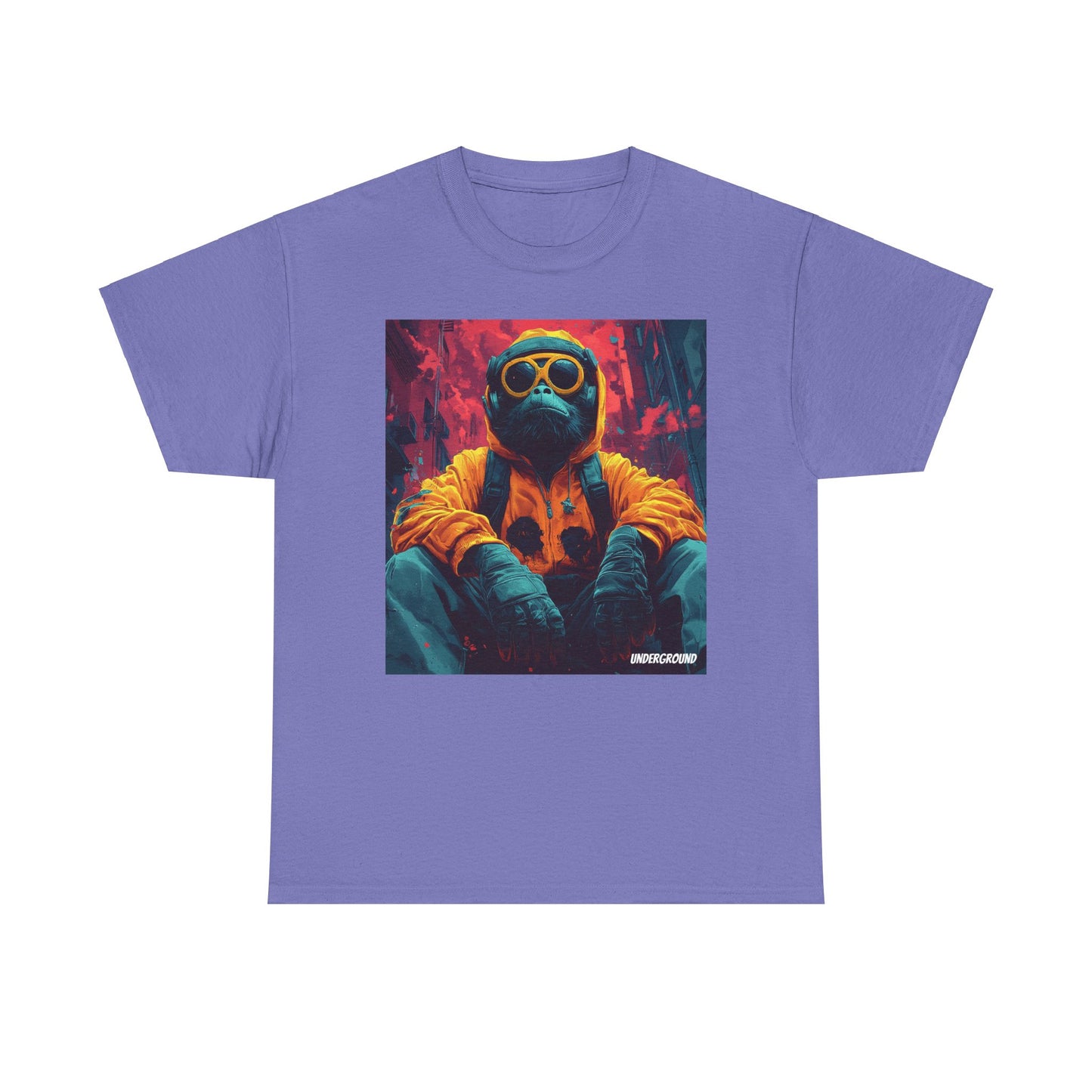 Purple Graphic T-shirt with an Image of a Bold comic-style illustration of a gorilla in streetwear, rocking headphones, sunglasses, and a hoodie. Vibrant urban art with a street culture edge.