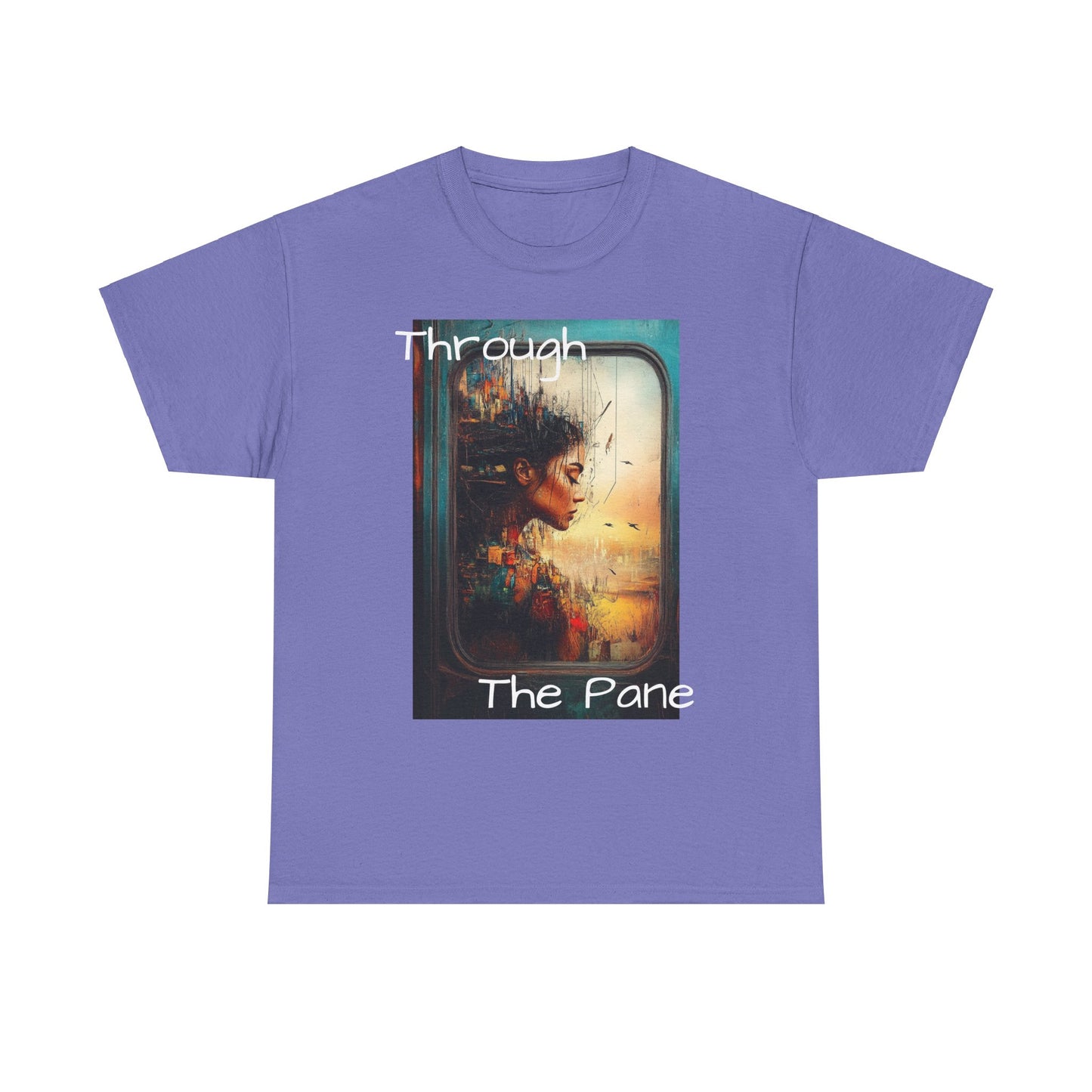 purple Graphic T-shirt with the image of a Thought-provoking ink and pastel artwork of a beautiful woman seen through a train window, seamlessly blending into the cityscape. A striking fusion of urban life and artistic expression.