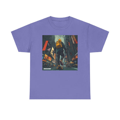 Purple Graphic T-shirt with the image of an urban streetwear skateboarder cruising down a city street, Skyscrapers and Ad Signs, wearing a hoodie and backpack. Bold comic book art style.