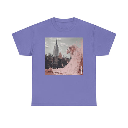 Purple Graphic T-shirt of a Striking ink and pastel illustration of a woman standing before a city backdrop, gazing at a massive pink lion overlooking the skyline. A fusion of urban energy and surreal artistry.