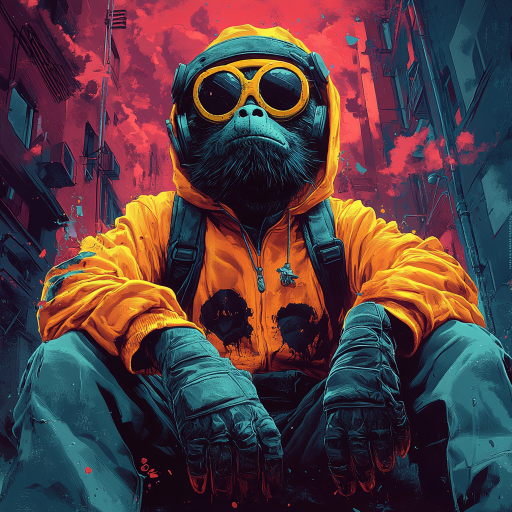 Bold comic-style illustration of a gorilla in streetwear, rocking headphones, sunglasses, and a hoodie. Vibrant urban art with a street culture edge.