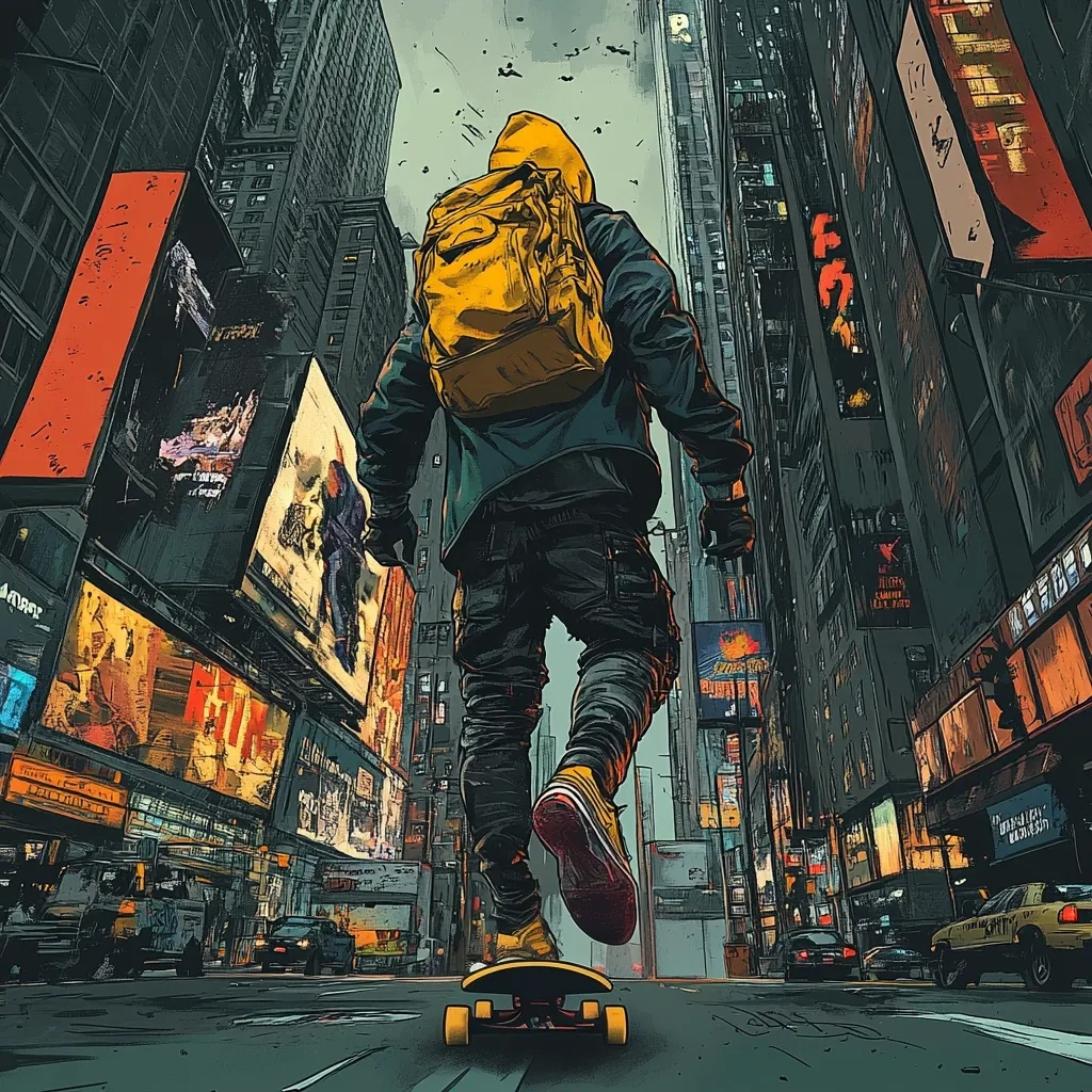 Urban streetwear skateboarder cruising down a city street, Skyscrapers and Ad Signs, wearing a hoodie and backpack. Bold comic book art style.