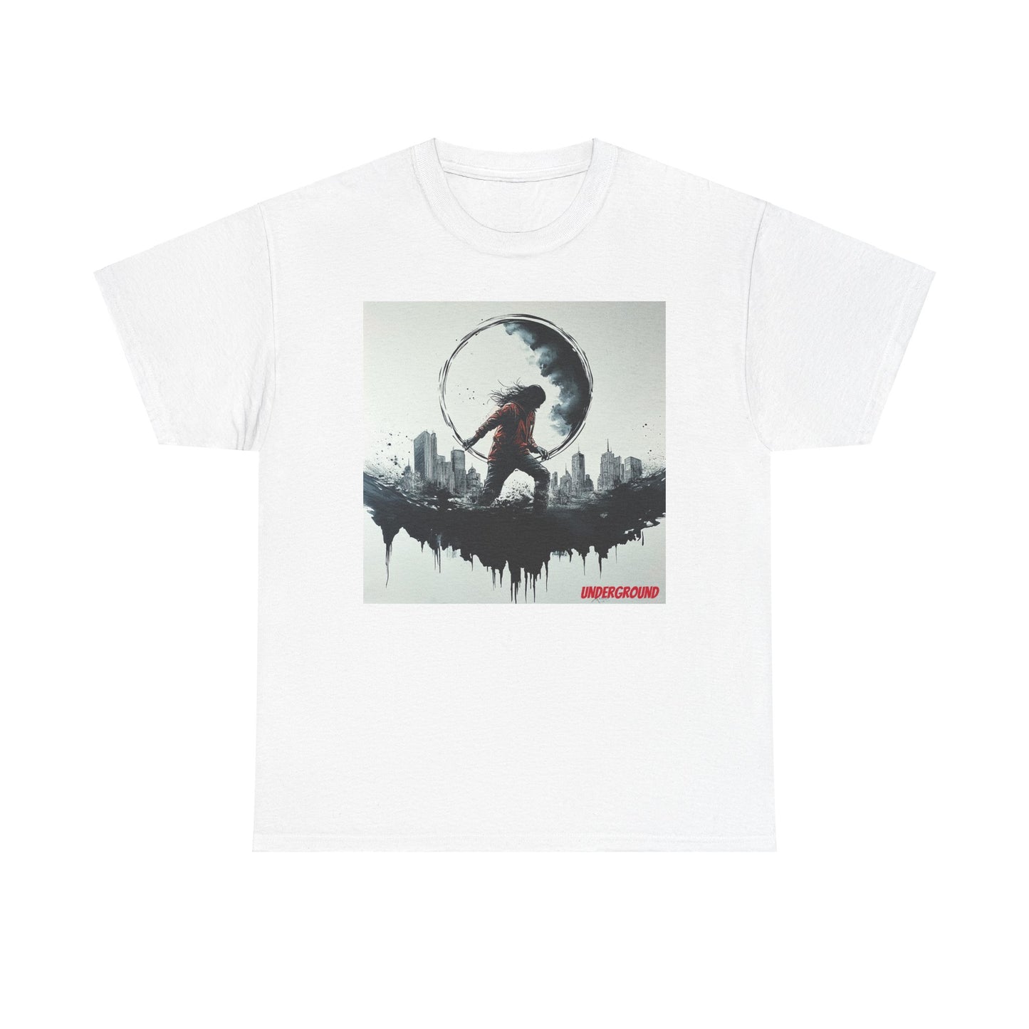 White Graphic T-shirt of an image of a Minimalistic ink drawing of a woman in a red hoodie wading through water, silhouetted within the moon, with a cityscape in the background. A striking blend of urban and surreal art.