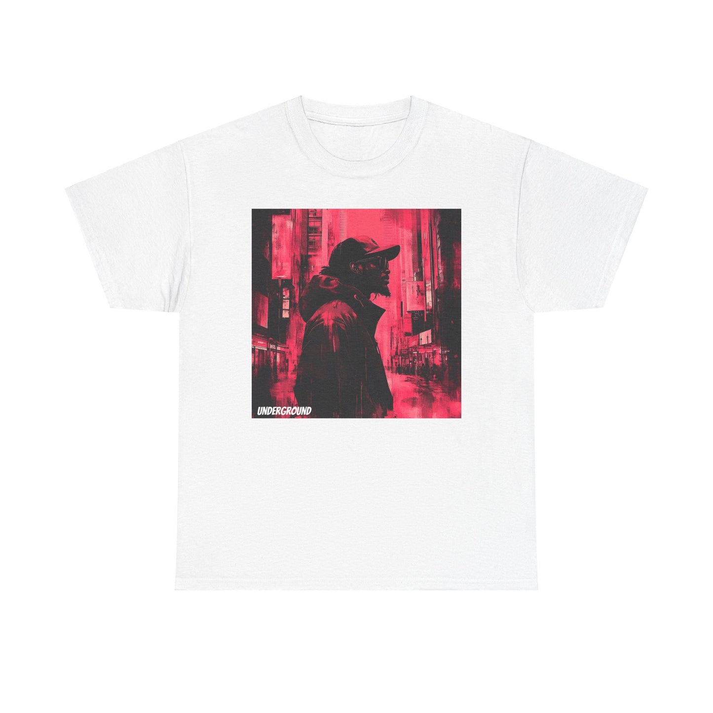 white Graphic T-shirt with an Ink and watercolor image of a man's silhouette standing in a cityscape, featuring red, black, and white tones.