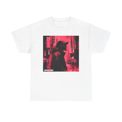 white Graphic T-shirt with an Ink and watercolor image of a man's silhouette standing in a cityscape, featuring red, black, and white tones.