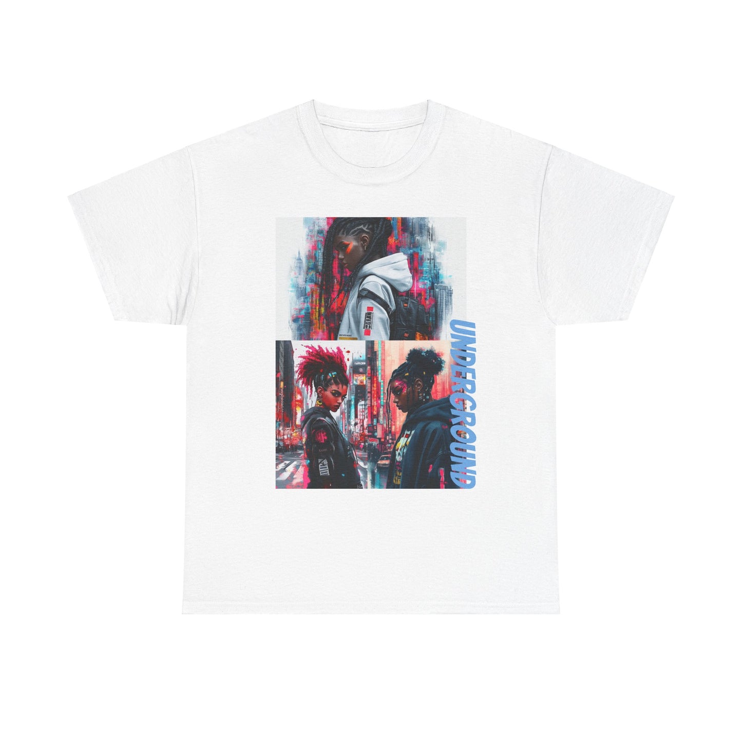 White Graphic T-Shirt with the Image of a Vibrant neon-colored artwork of African American girls in streetwear, set against a bold urban city backdrop. A striking fusion of street culture and electric hues.