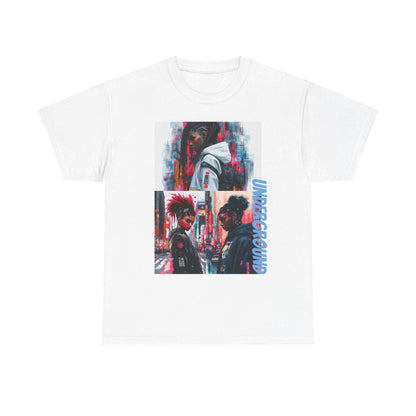 White Graphic T-Shirt with the Image of a Vibrant neon-colored artwork of African American girls in streetwear, set against a bold urban city backdrop. A striking fusion of street culture and electric hues.