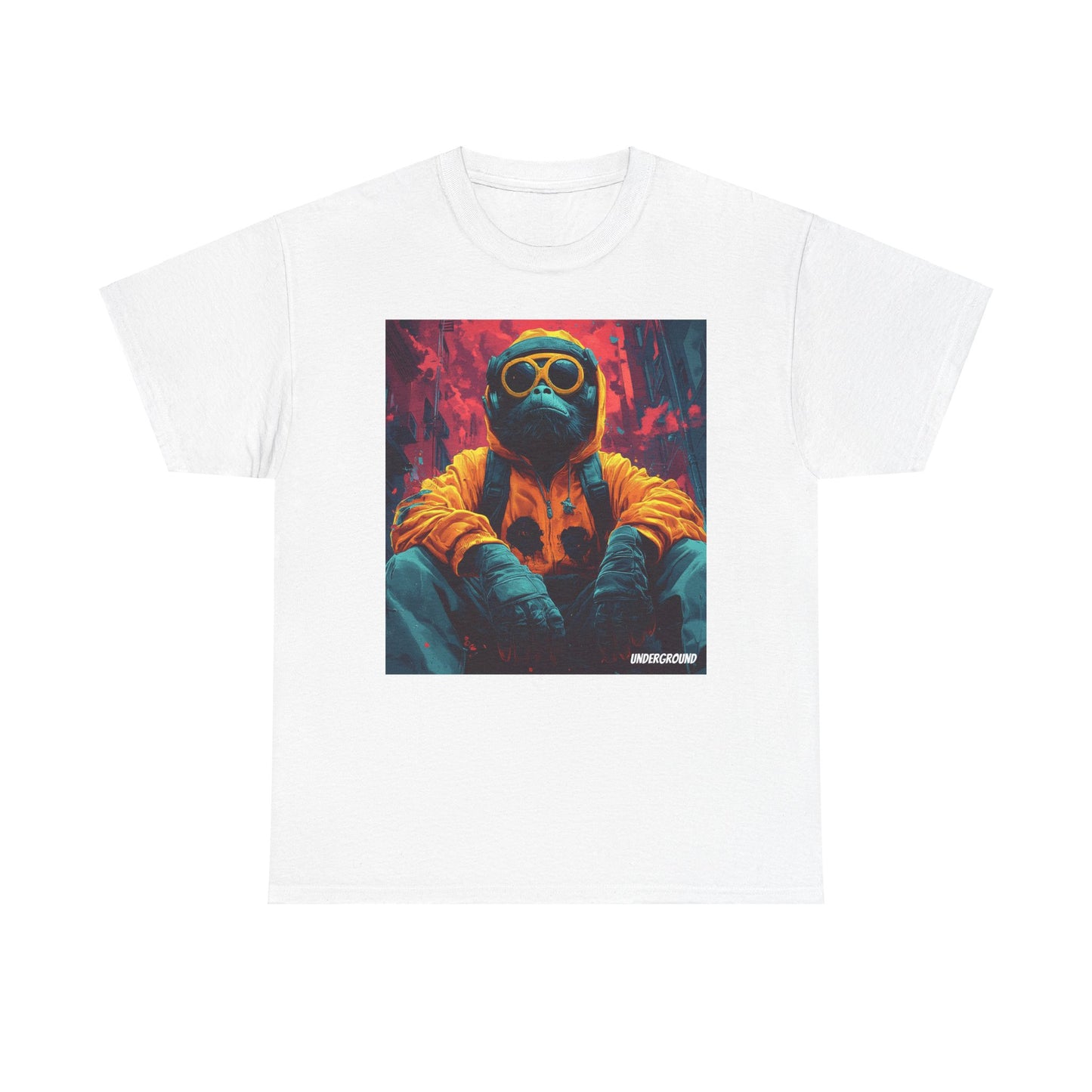 White Graphic T-shirt with an Image of a Bold comic-style illustration of a gorilla in streetwear, rocking headphones, sunglasses, and a hoodie. Vibrant urban art with a street culture edge.