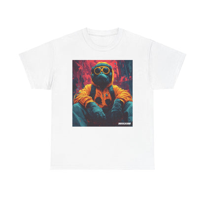 White Graphic T-shirt with an Image of a Bold comic-style illustration of a gorilla in streetwear, rocking headphones, sunglasses, and a hoodie. Vibrant urban art with a street culture edge.