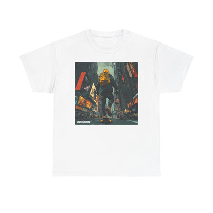 White Graphic T-shirt with the image of an urban streetwear skateboarder cruising down a city street, Skyscrapers and Ad Signs, wearing a hoodie and backpack. Bold comic book art style.