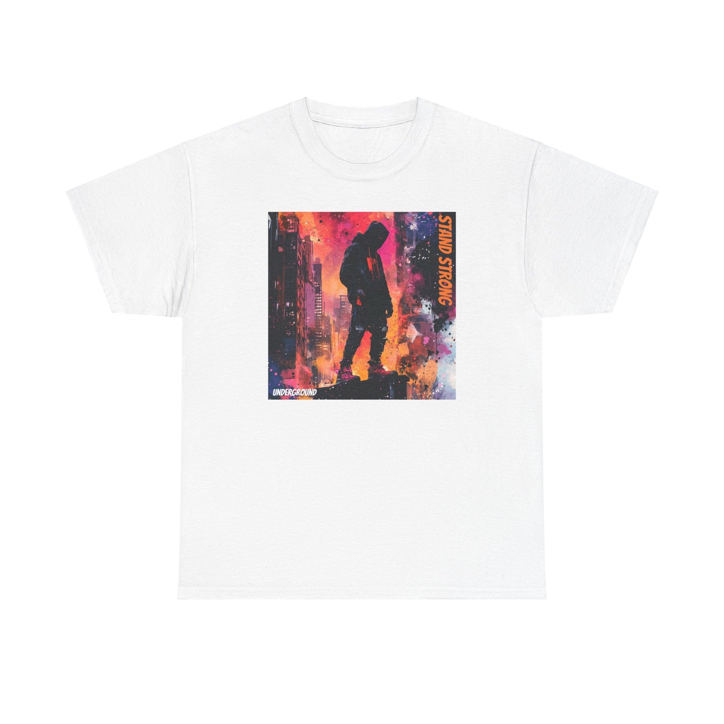 white Graphic T-shirt with an image of a Hooded man standing strong on a building ledge with a vibrant city skyline in the background. Bold, street-culture-inspired artwork with striking colors.