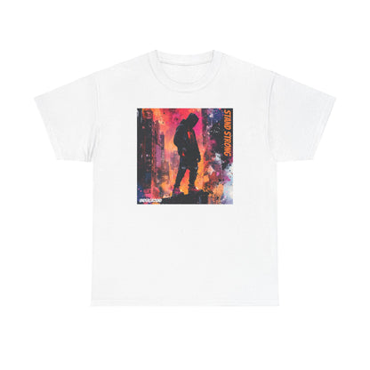 white Graphic T-shirt with an image of a Hooded man standing strong on a building ledge with a vibrant city skyline in the background. Bold, street-culture-inspired artwork with striking colors.