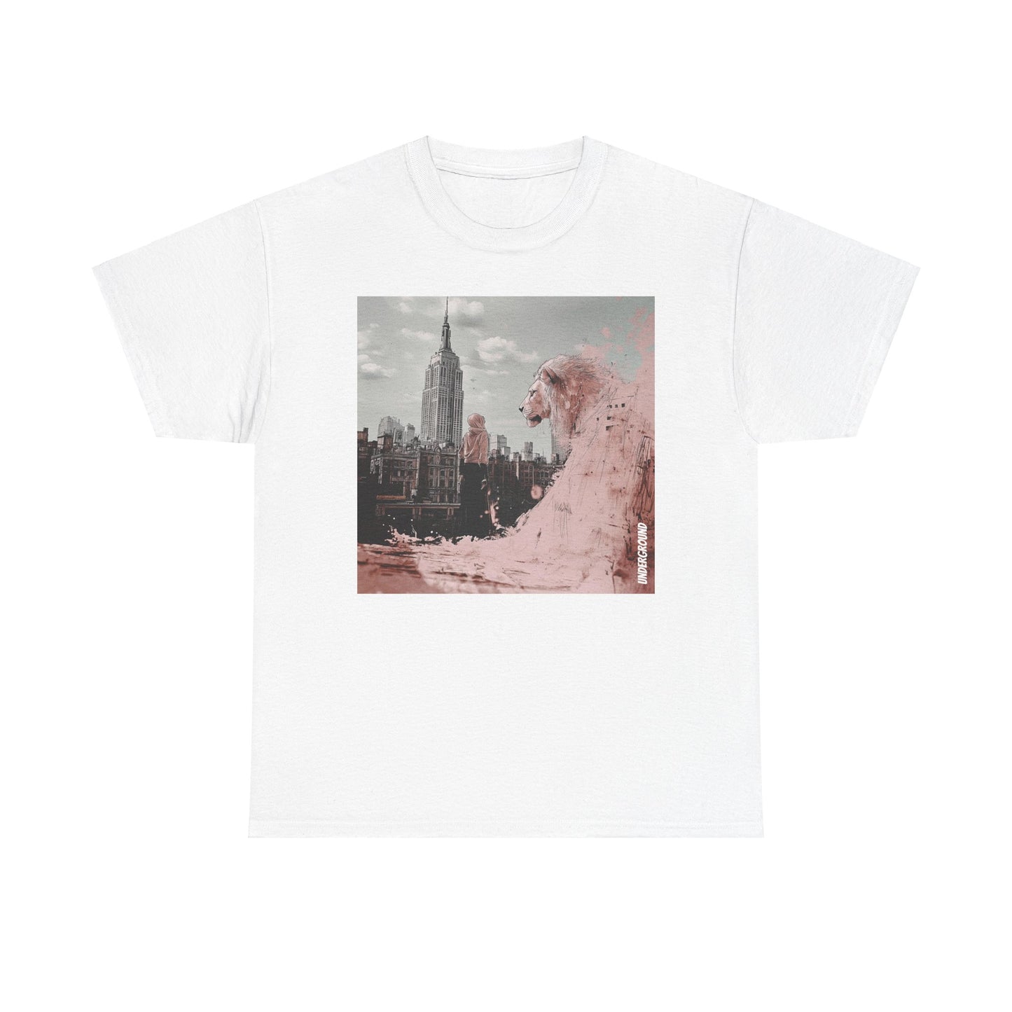 White Graphic T-shirt of a Striking ink and pastel illustration of a woman standing before a city backdrop, gazing at a massive pink lion overlooking the skyline. A fusion of urban energy and surreal artistry.