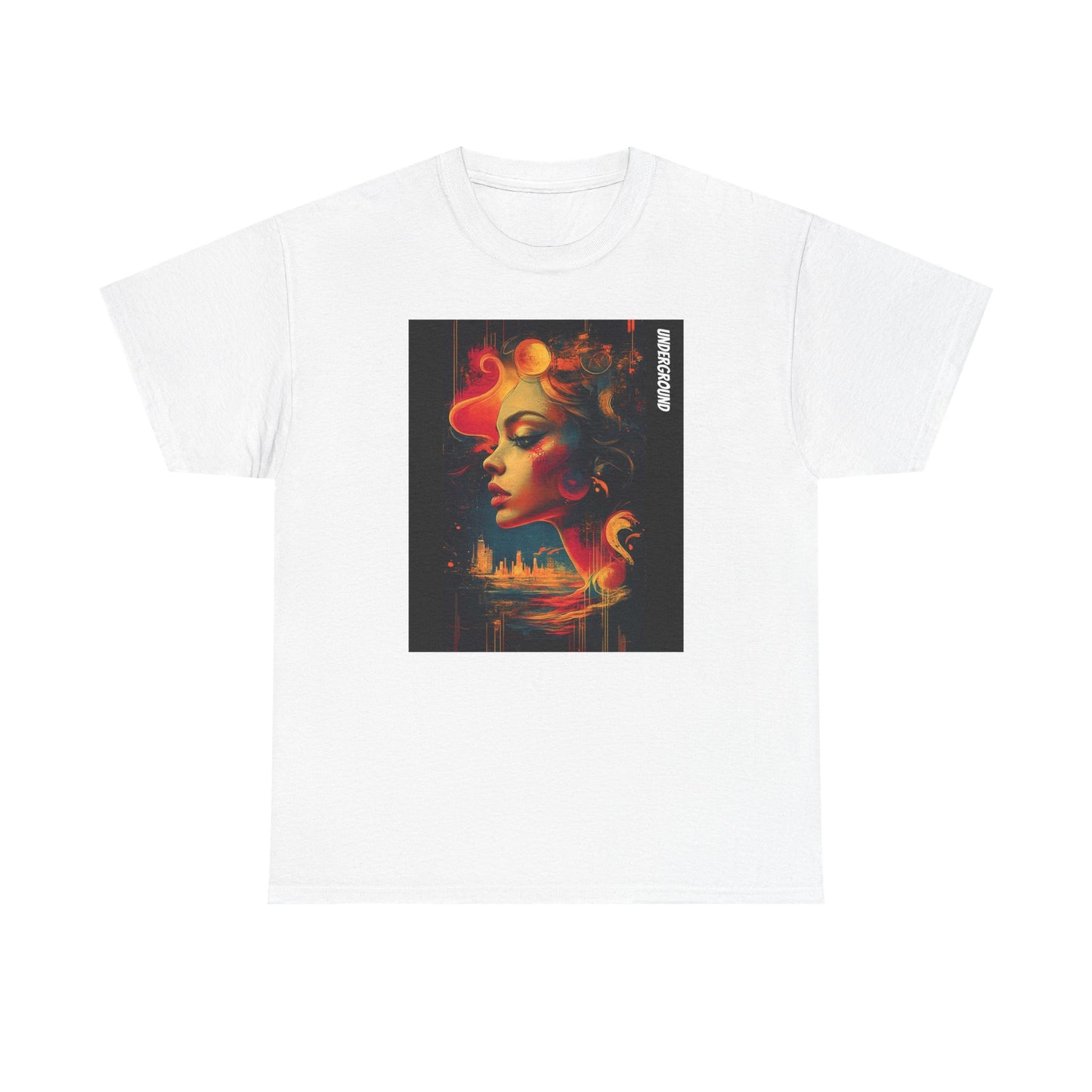 White Graphic T-shirt with the image of a Vibrant and colorful artwork of a woman gazing over an artistic cityscape. A bold and expressive urban-inspired ink and watercolor piece.