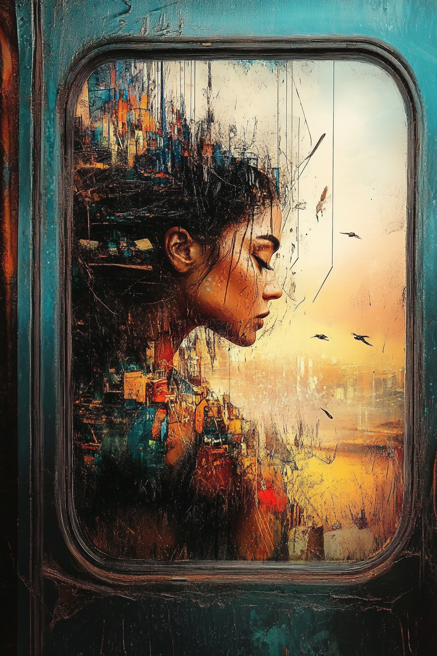 Thought-provoking ink and pastel artwork of a beautiful woman seen through a train window, seamlessly blending into the cityscape. A striking fusion of urban life and artistic expression.