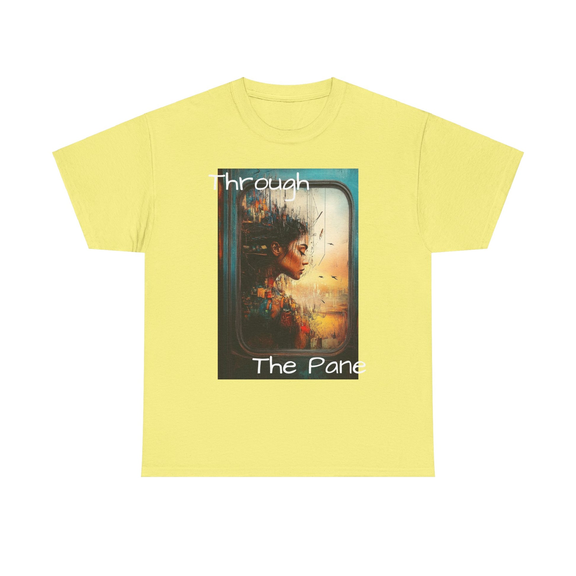 Yellow Graphic T-shirt with the image of a Thought-provoking ink and pastel artwork of a beautiful woman seen through a train window, seamlessly blending into the cityscape. A striking fusion of urban life and artistic expression.