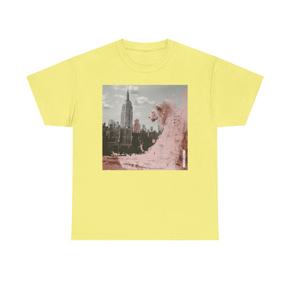 Yellow Graphic T-shirt of a Striking ink and pastel illustration of a woman standing before a city backdrop, gazing at a massive pink lion overlooking the skyline. A fusion of urban energy and surreal artistry.